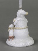 Standing Snowman with Snowchild on Sled, Hanging Ornament - 70mm