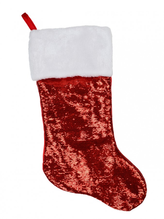 Traditional Look Red Sequin Fabric With White Faux Fur Cuff Stocking - 48cm