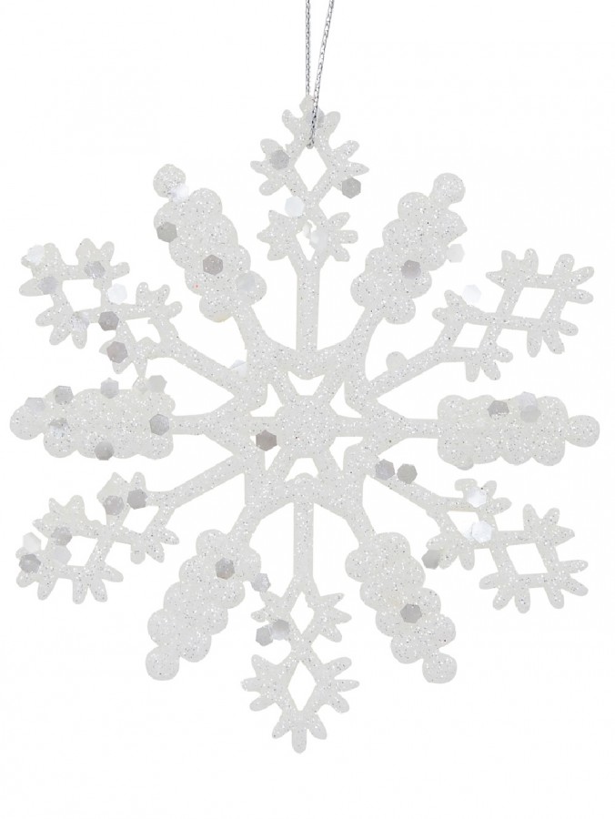 Glittered Thin White Snowflake Christmas Tree Hanging Decorations - 12 x 10cm