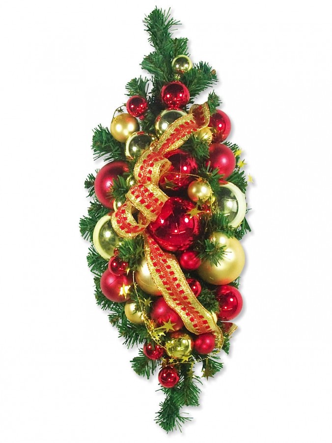 Pre-Decorated Pine Centrepiece With Red & Gold Baubles, Wired Garland & Ribbon - 60cm