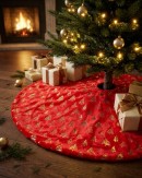 1m Red Plush Faux Fur & Gold Foil Trees Christmas Tree Skirt