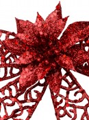 Red Glittered Mesh Look Ribbon Bow Decoration With Poinsettia - 15cm