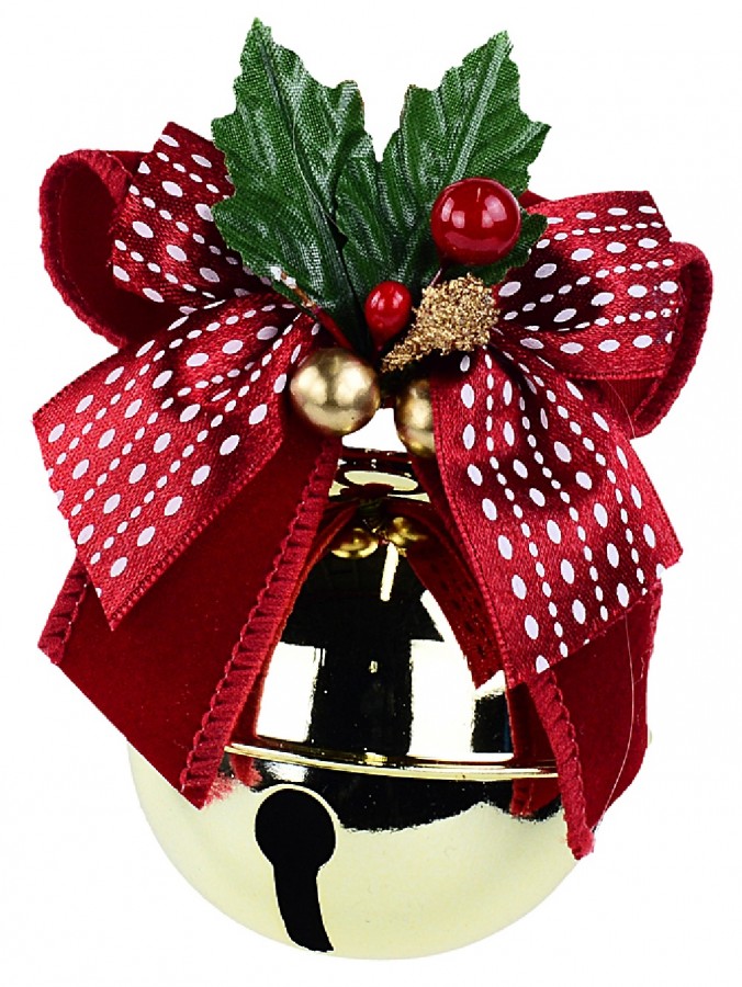 Shiny Gold Christmas Crotal Bell Bauble With Red Bow & Holly - 90mm