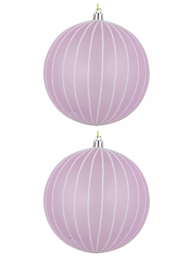 2x Lavender Pink Matte Glitter Pinstripe Whimsical Signature Baubles | 12cm
