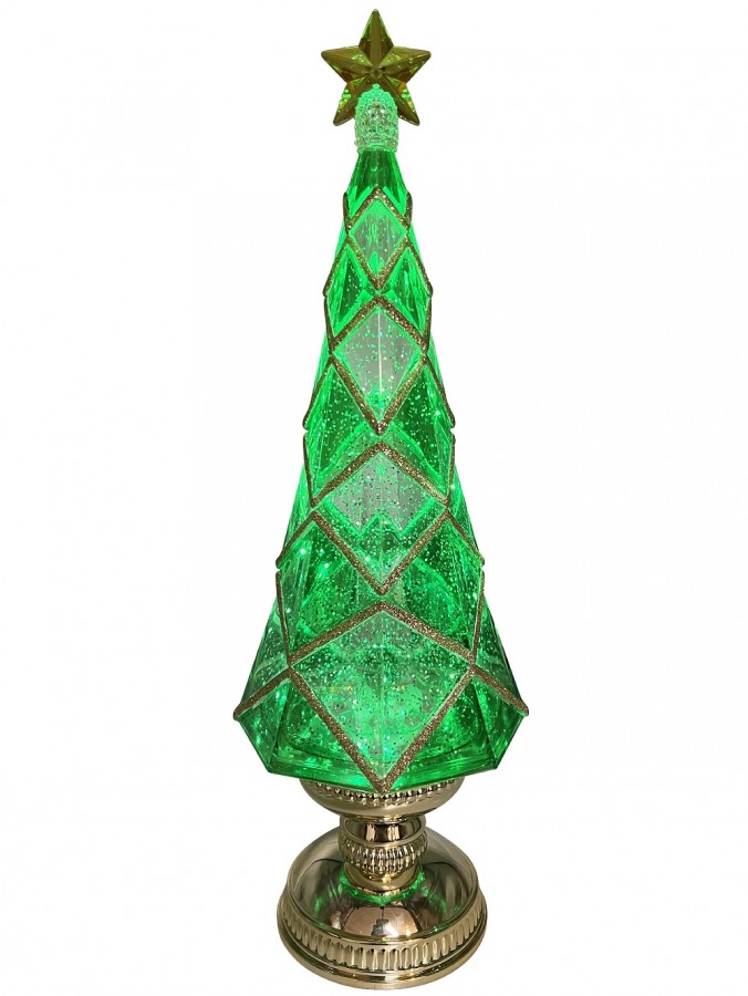 Green Stained PVC Christmas Tree With Gold Trim Snow Globe Ornament - 41cm