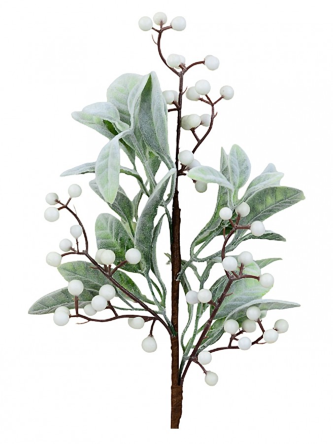Frosted Sage Green Leaf Christmas Spray Stem With Matte White Berries | 54cm