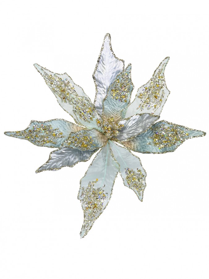 Ice Blue, Silver & Gold Poinsettia Clip On Pick - 22cm