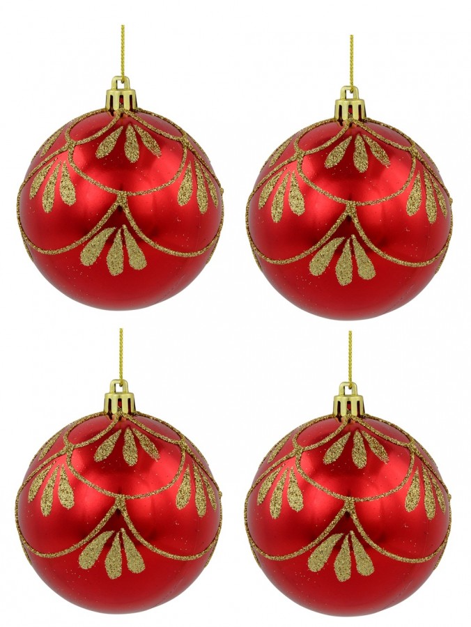 Metallic Red Baubles With Gold Glitter Pattern - 4 x 80mm