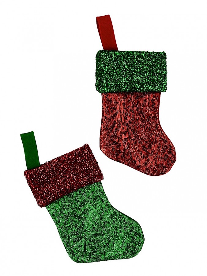 Mini Green & Red Metallic Christmas Stocking Decorations - 6 x 16cm