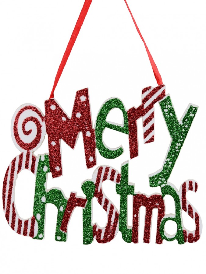 Red & Green Glitter On White Merry Christmas Sign Hanging Decoration - 24cm