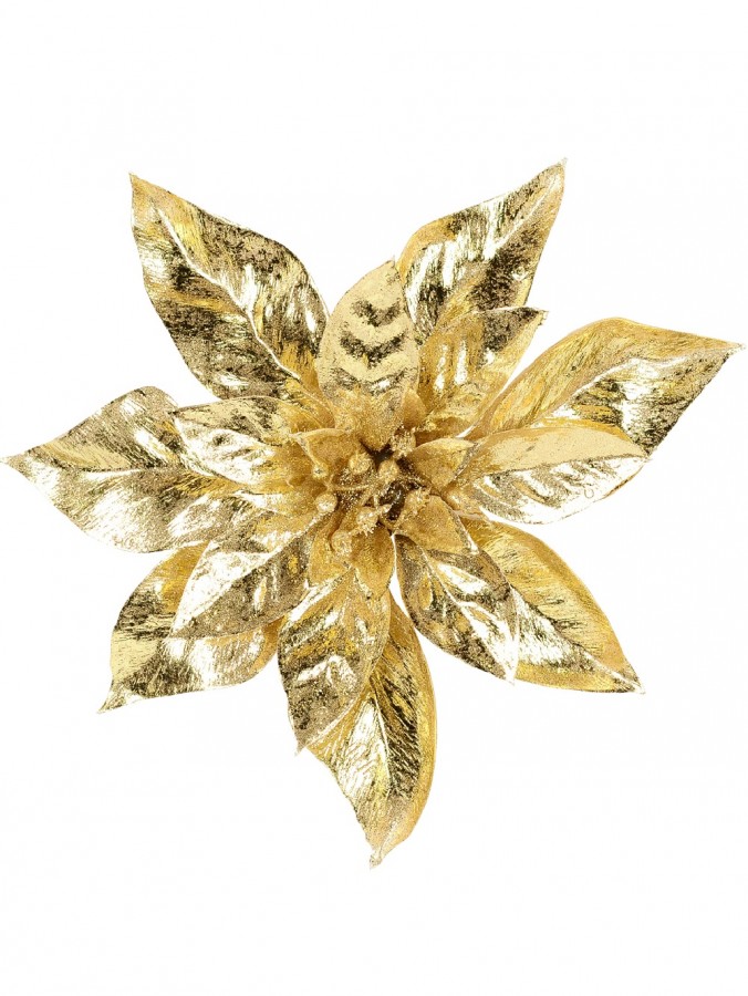 Shiny Gold Moulded PVC Poinsettia Decorative Christmas Flower Pick - 21cm