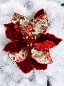 Red & Foliage Print Fabric With Glitter & Baubles Poinsettia Clip Pick - 38cm Wide