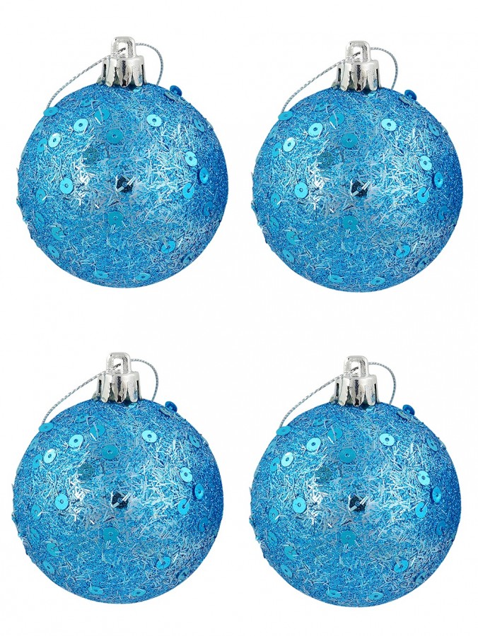 Turquoise Glittered & Sequin Christmas Bauble Decorations - 6 x 60mm