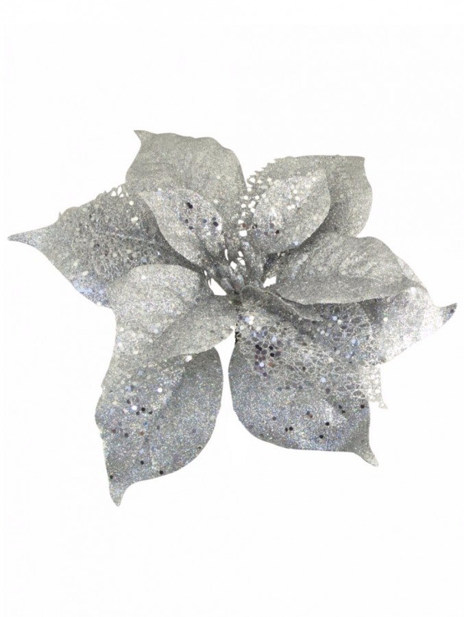 Silver Sequin & Glitter Poinsettia Christmas Flower Clip Pick - 26cm Wide