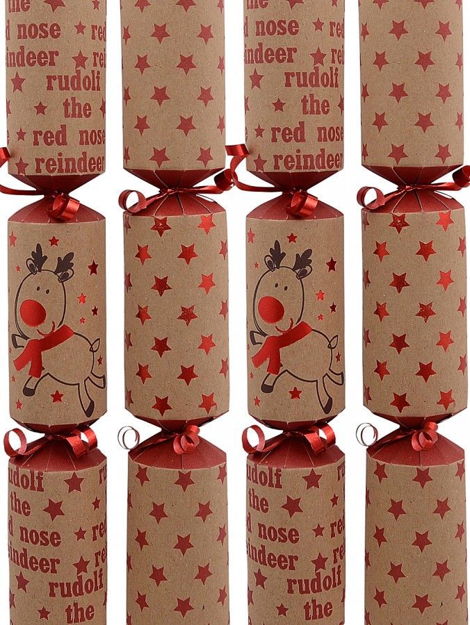 Red & Brown Stars & Cute Reindeer Kraft Christmas Cracker Bon Bons - 8 x 30cm