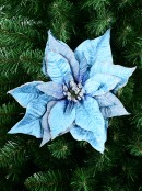 30cm Layered Blue With Glitter Poinsettia Flower Christmas Tree Clip Pick