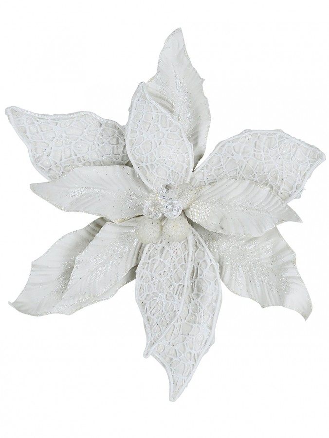 Ivory Web Mesh & Textured Poinsettia Christmas Flower Clip Pick - 30cm Wide