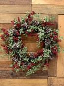 55cm Boxwood & Red Berry Christmas Vine Wreath | Snow Tipped Pine Cones