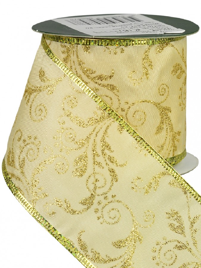 Gold Floral Pattern On Champagne Satin Christmas Ribbon With Gold Edge - 3m