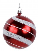 Candy Apple Red Baubles With Silver Glitter White Swirl Pattern - 4 x 80mm