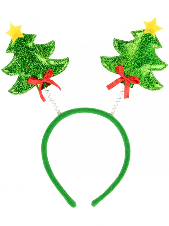 Christmas Trees On Springs Headband With Ribbon & Star Decorations - 23cm