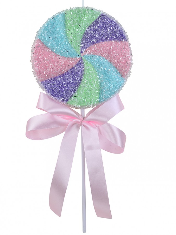 Pastel Rainbow Swirl Peppermint Lollipop Stem With Pink Satin Bow | 35cm