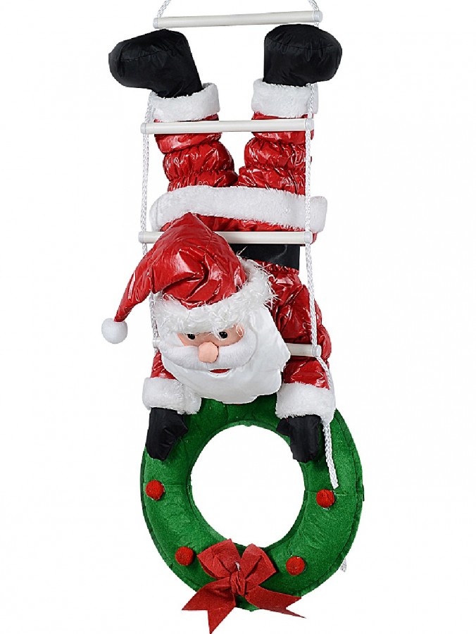 Padded Santa On Rope Ladder With Wreath Outdoor Hanging Decoration - 1.1m