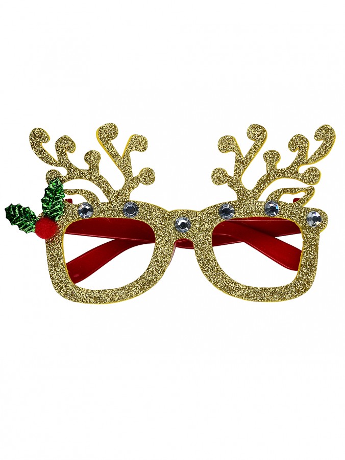 Gold Glitter Reindeer Antlers Fun Novelty Christmas Glasses - One Size Fits Most