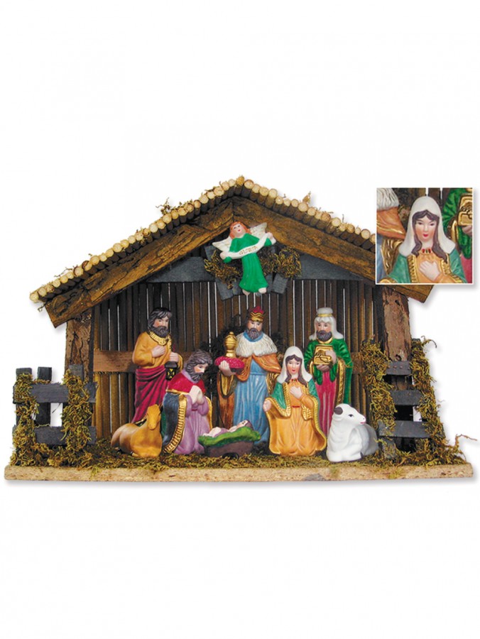 3D Wooden Stable Nativity Scene With Porcelain Figurines - 33cm