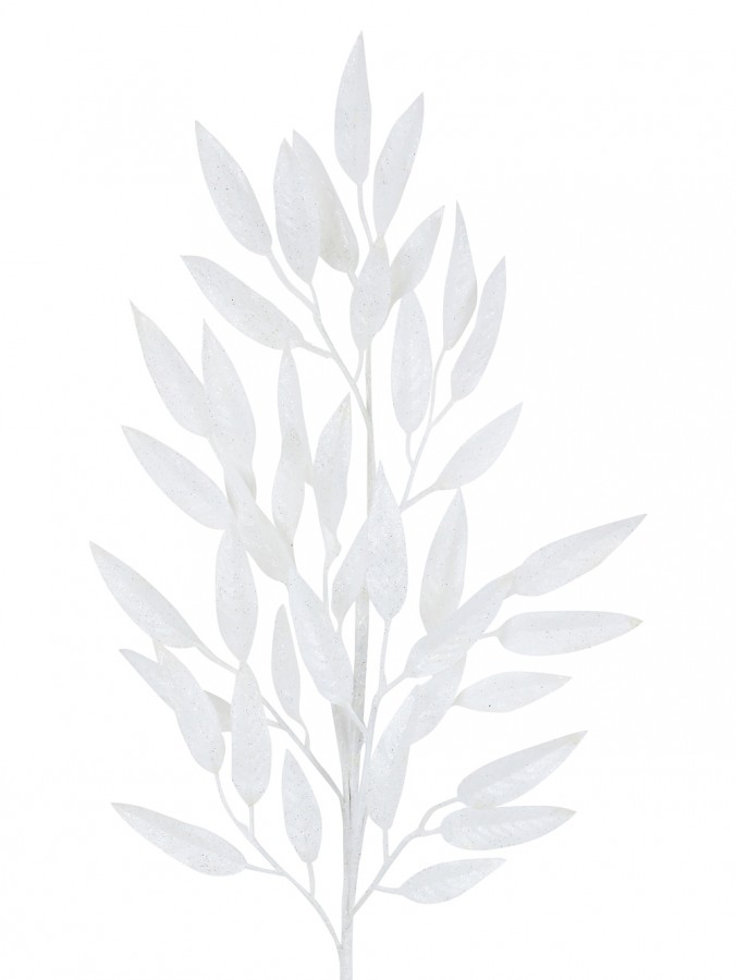 White With Silver Glitter Christmas Leaves Decorative Spray Stem - 76cm