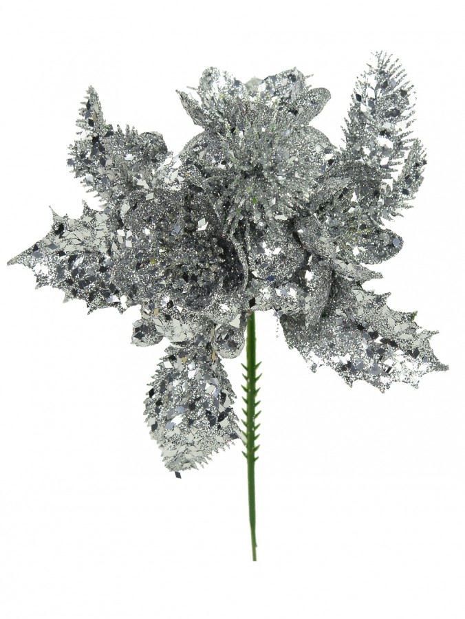 Glittered Silver Flower Pick - 12cm