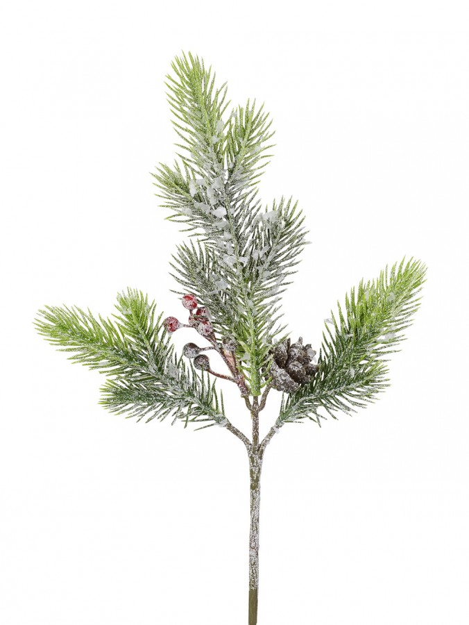 Frosted Pine Branch with Red Berries & Pine Cone - 30cm