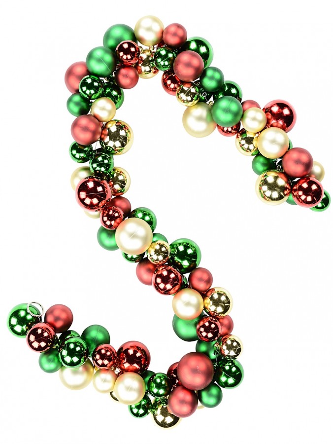 Metallic & Matte Red, Green & Gold Bauble Cluster Christmas Garland - 1.4m
