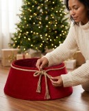 62cm Red Velvet Christmas Tree Collar With Rope Bow Knot