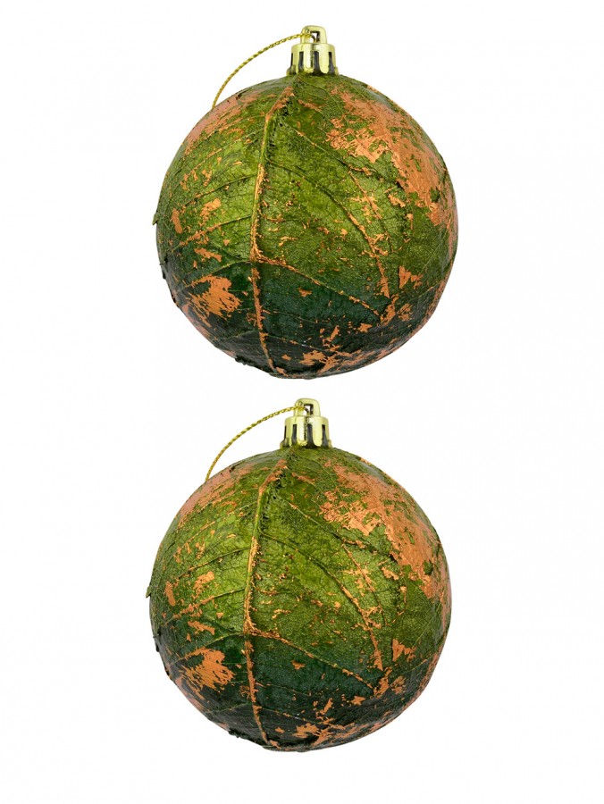 Green Leaf Like Baubles With Bronze Detailing - 2 x 80mm