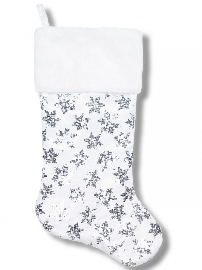 48cm White Satin With Silver Sequin Snowflakes Stocking With Cuff
