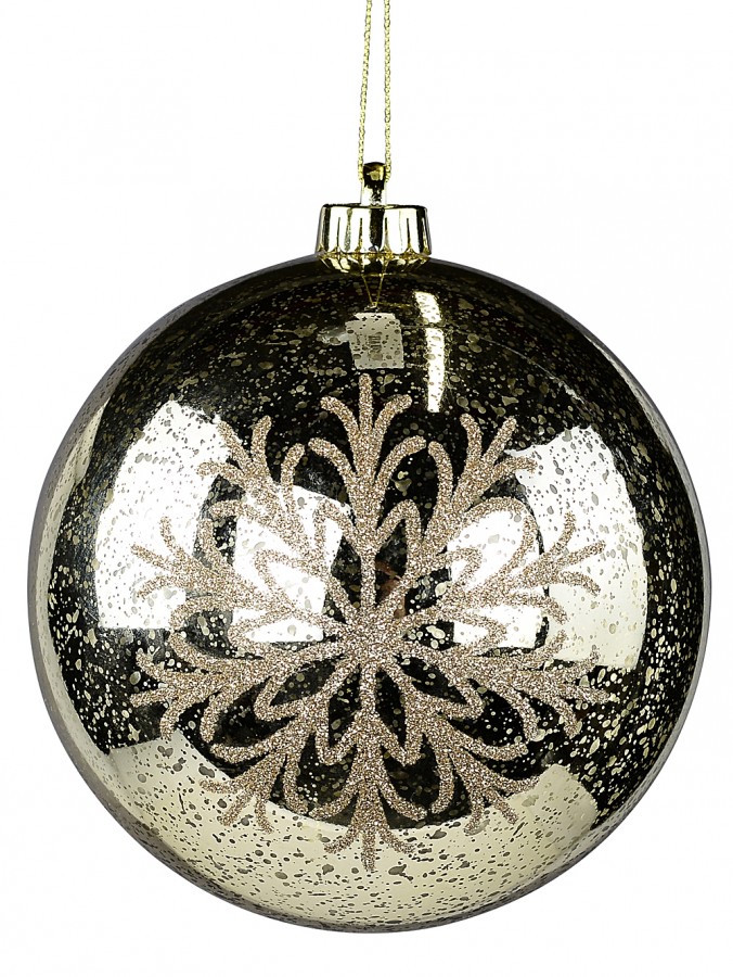 15cm Shiny Gold Mercury Finish Ball Bauble With Glitter Snowflakes Decoration