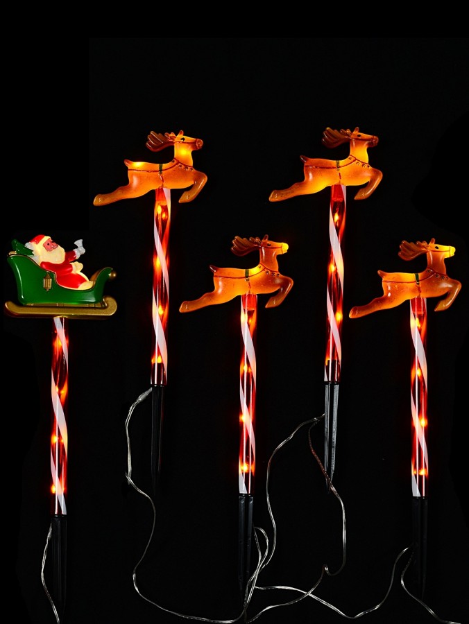 5x LED Santa & Reindeer Path Lights - Hybrid Solar & Electric Stakes | 40cm