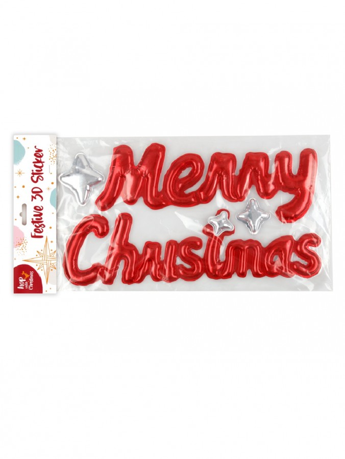 40cm Red Merry Christmas Bubble Like Sticker With Silver Stars
