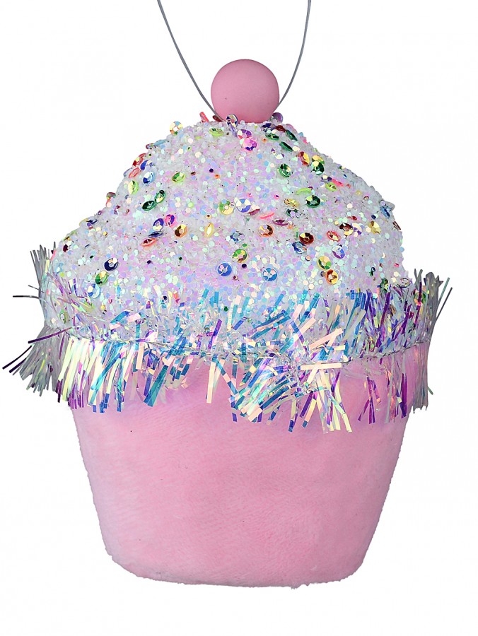 11cm Pink Cupcake With Sequin Icing & Tinsel Christmas Tree Ornament