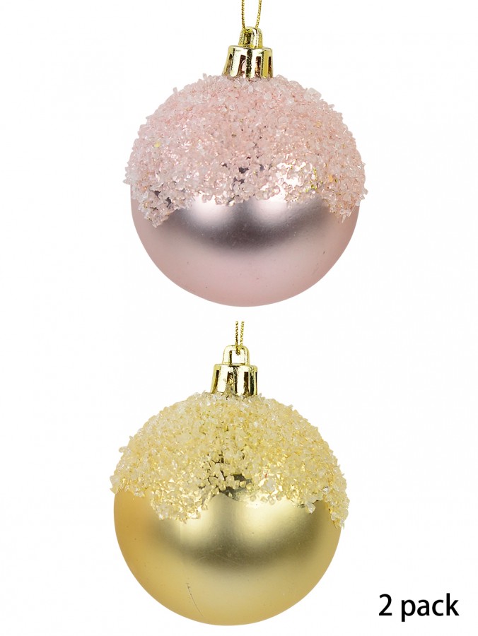 Matte Pink & Matte Gold Baubles With Textured Frost Topping - 2 x 60mm