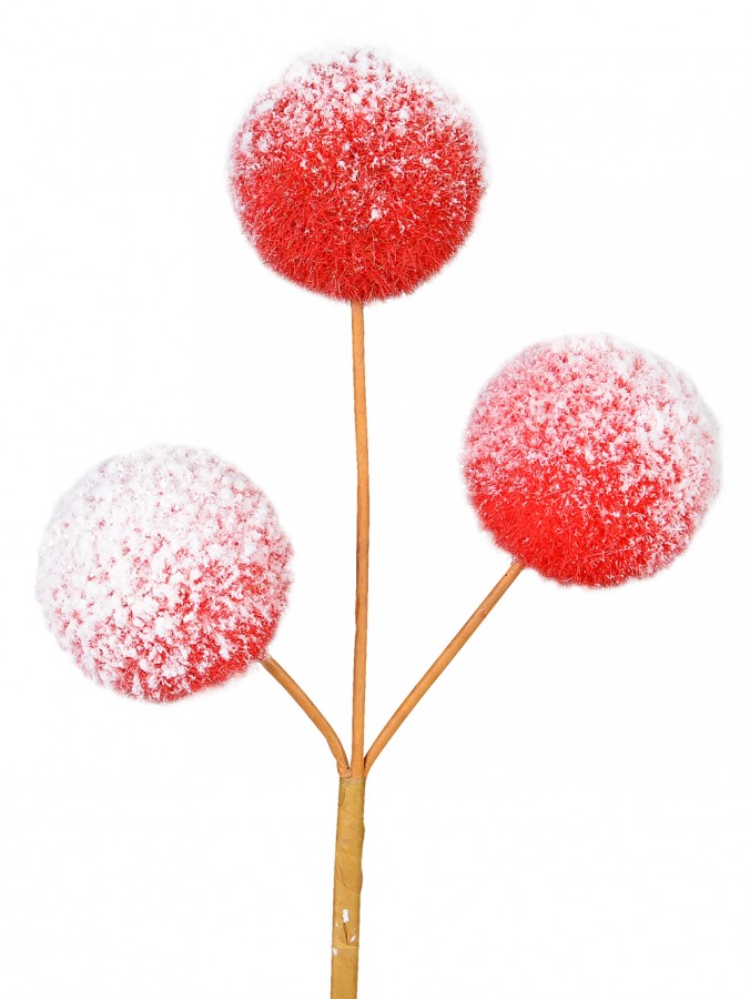 Red With White Frost Pom Pom Snowballs Christmas Spray Pick - 24cm