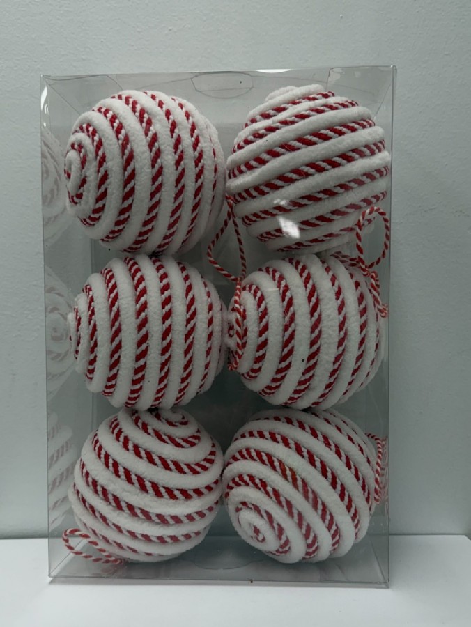 6x Red & White Spiral Plush Chenille Whimsical Signature Ball Baubles | 80mm