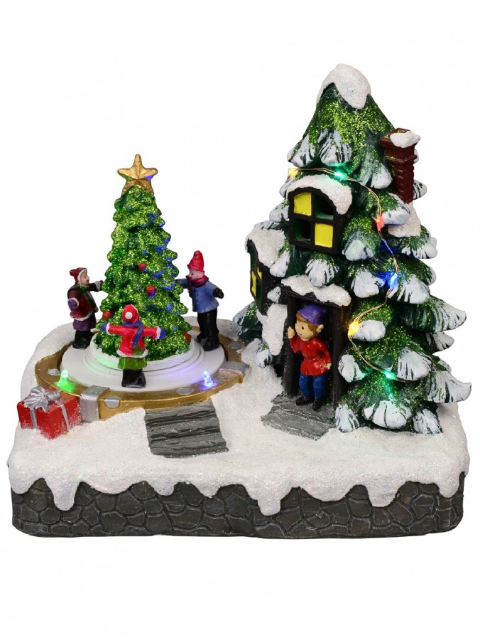 Christmas Tree Scene With Kids & Elf With LED Lights & Animated Tree - 19cm