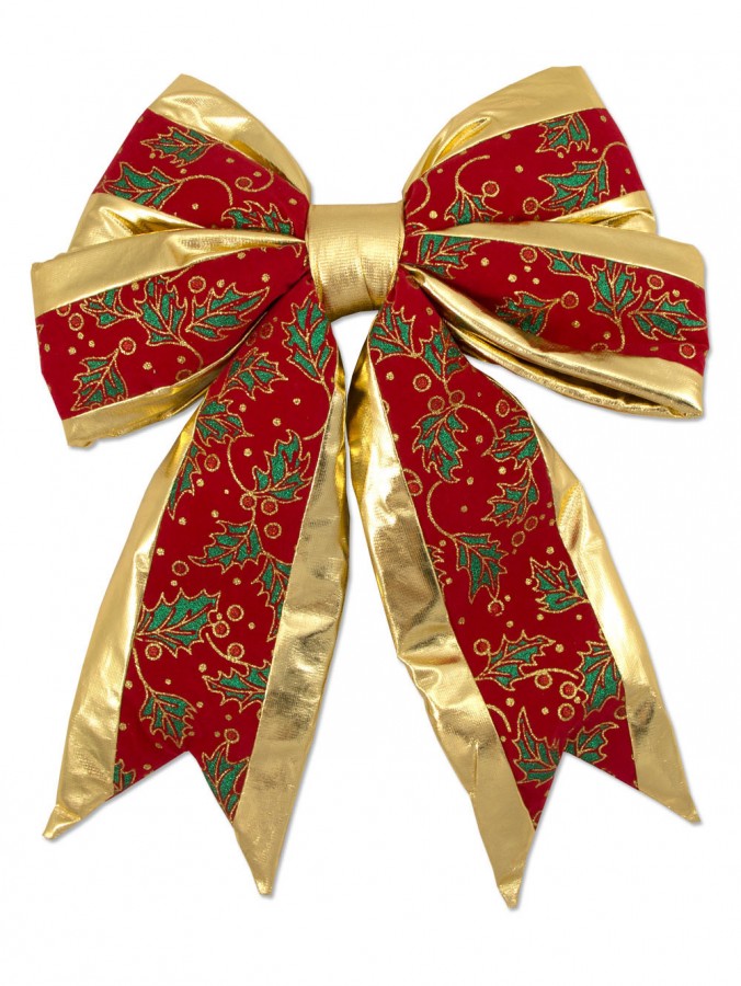 Large Shiny Gold & Holly Design Red Velvet Bow Display Decoration - 45cm