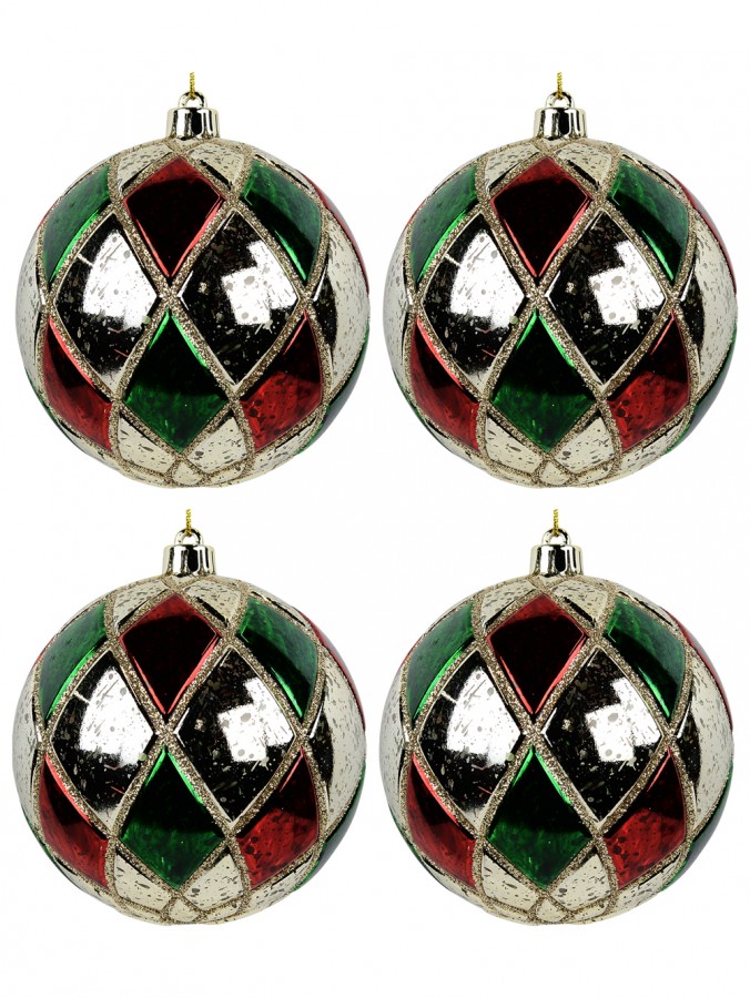 Shiny Red, Green & Gold Geometric Shape Baubles With Glitter Lines - 4 x 10cm