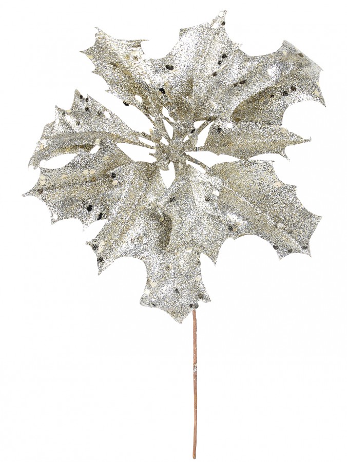 Champagne Glitter Holly Leaf Decorative Christmas Flower Pick - 28cm