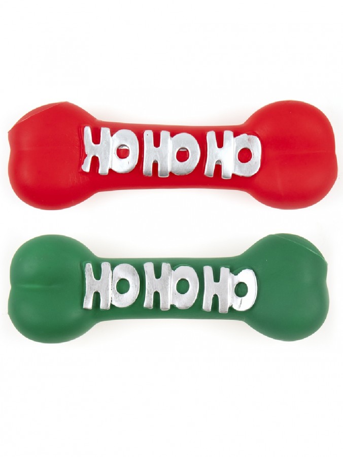 Assorted 23cm Red Or Green Vinyl Dog Bone Squeaky Christmas Toy