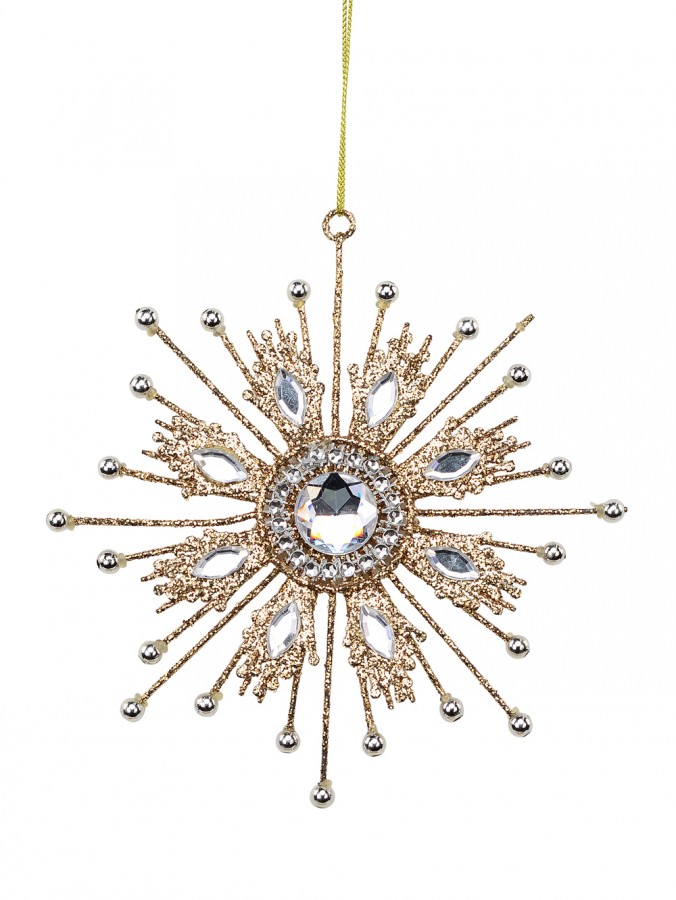 Gold Glitter Snowflake With Encrusted Diamante Hanging Ornament - 14cm