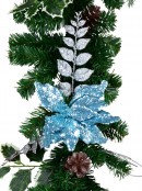 Decorated Blue Poinsettia, Pine Cone, Foliage & Baubles Pine Garland - 2.7m
